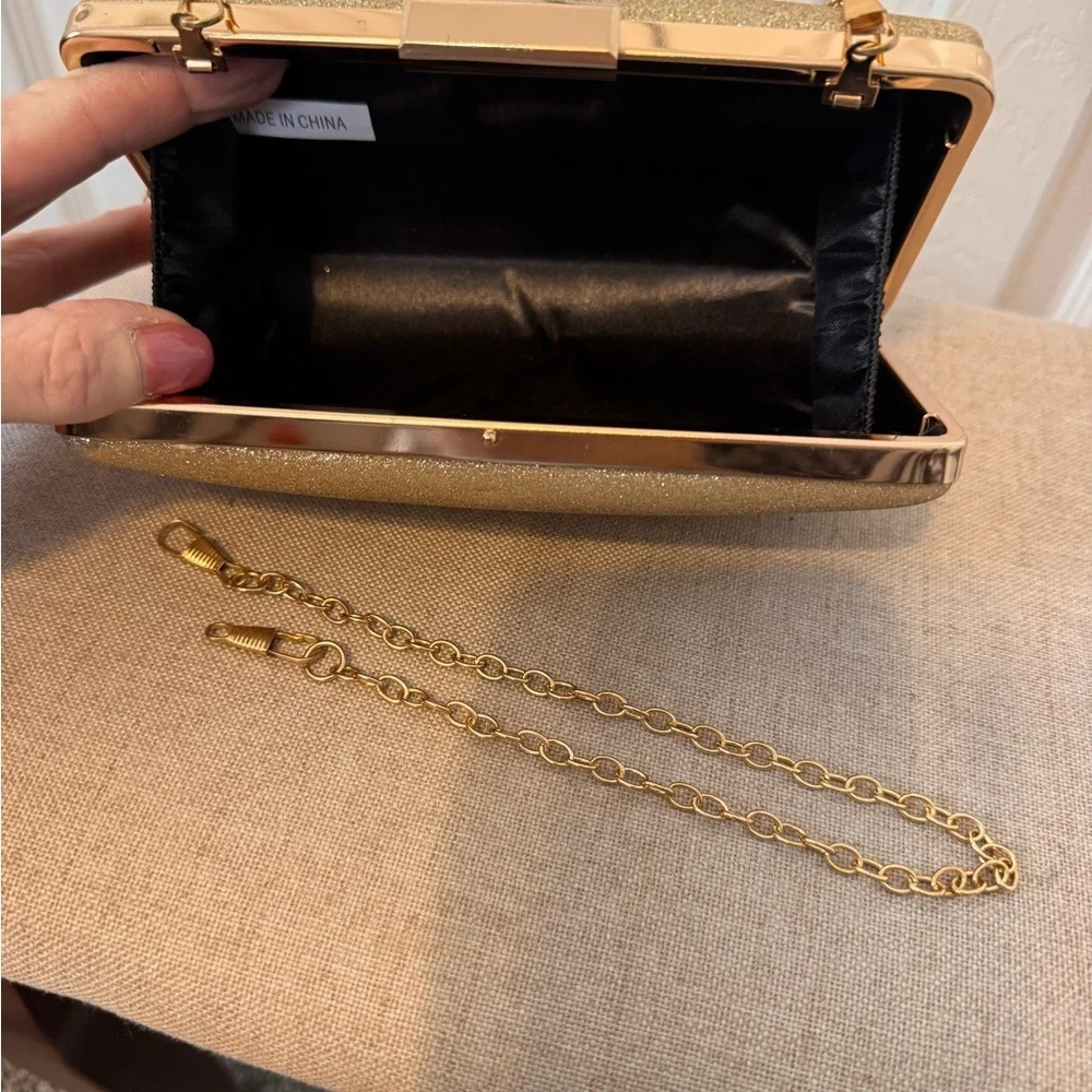 Elegant Gold Glitter Hard Case Evening Clutch Bag Chain Strap Rectangle Shape